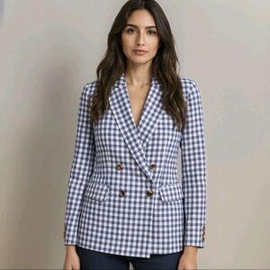 Free Assembly Double Breasted Blazer Blue Gingham Collared Lined Women's Sz S